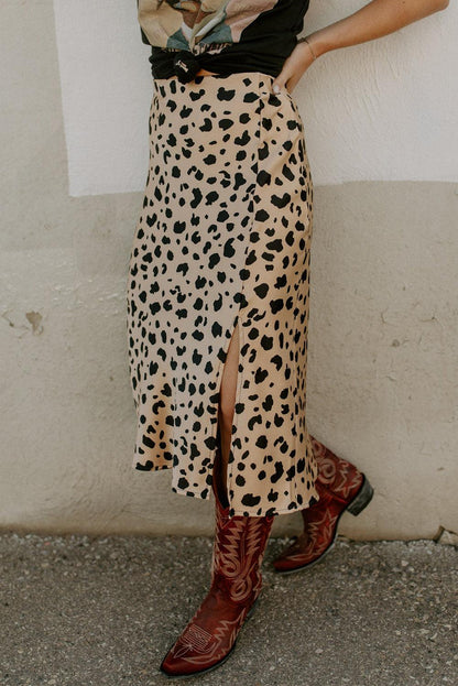 Khaki Leopard Spots Printed Split Hem Midi Skirt - L & M Kee, LLC