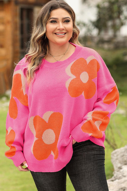 Khaki Big Flower Pattern Drop Shoulder Sweater - L & M Kee, LLC