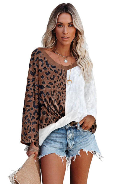 Brown Leopard Contrast Waffle Knit Twist Hem V Neck Top - L & M Kee, LLC