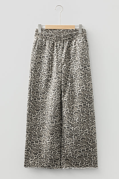 Brown Leopard Print Raw Hem Elastic Waist Loose Pull On Jeans