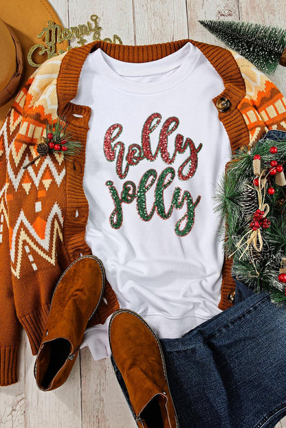 White Sequined holly jolly Graphic Christmas Sweatshirt - L & M Kee, LLC