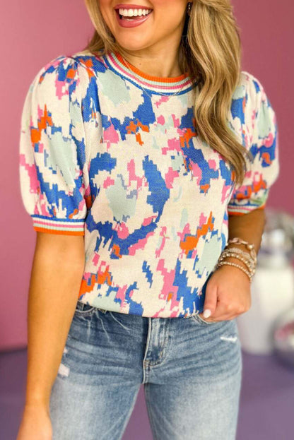 Apricot Abstract Pattern Knit Contrast Striped Trim Short Sleeve Sweater