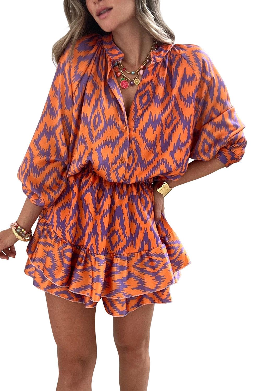 Aztec Bubble Sleeve High Waist Romper - L & M Kee, LLC