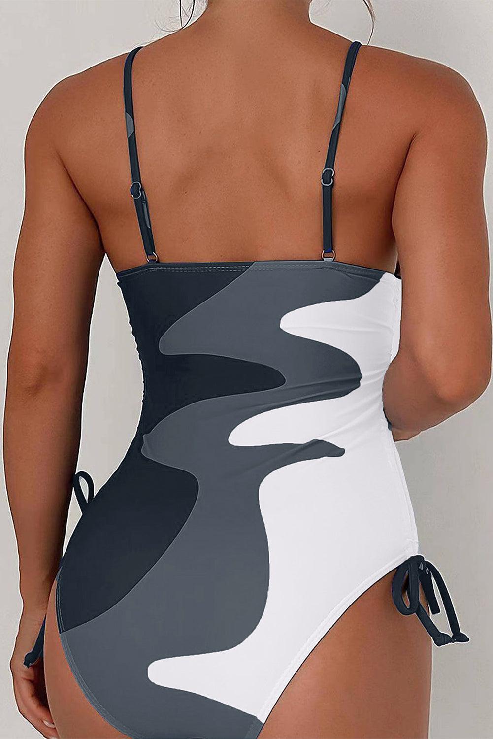 Rose Printed Color Block Drawstring Sides One Piece Swimsuit - L & M Kee, LLC