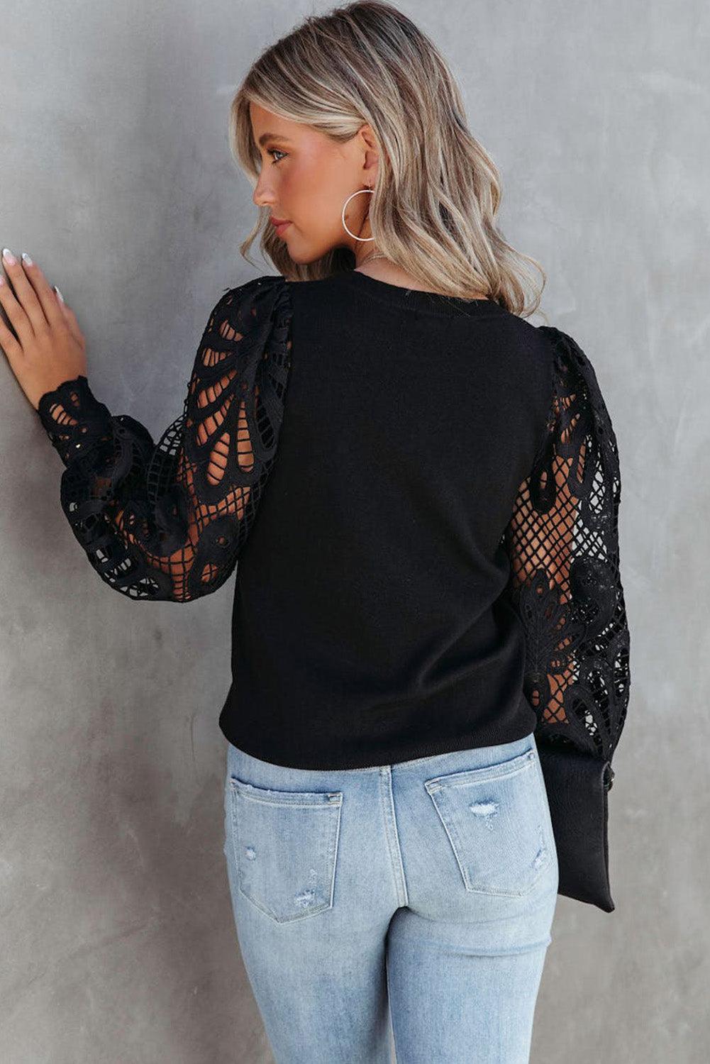 Black Crochet Sleeve Crew Neck Blouse - L & M Kee, LLC