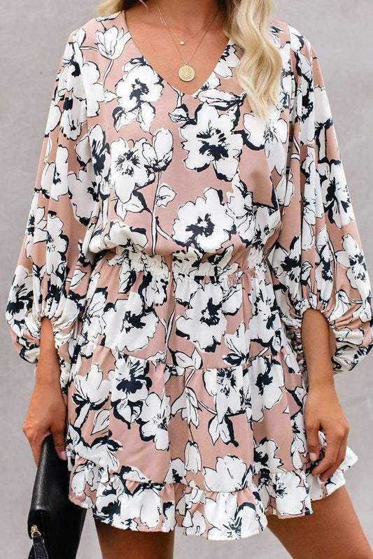 Apricot V Neck Lantern Sleeves Floral Tunic Dress - L & M Kee, LLC