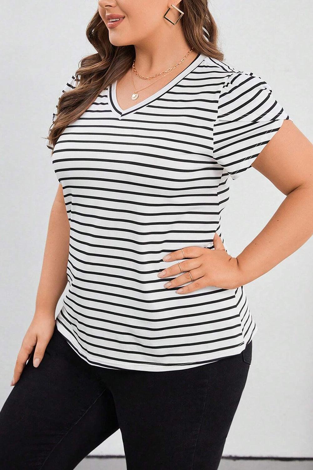 White Stripe V Neck Petal Sleeve Plus Size T-Shirt - L & M Kee, LLC