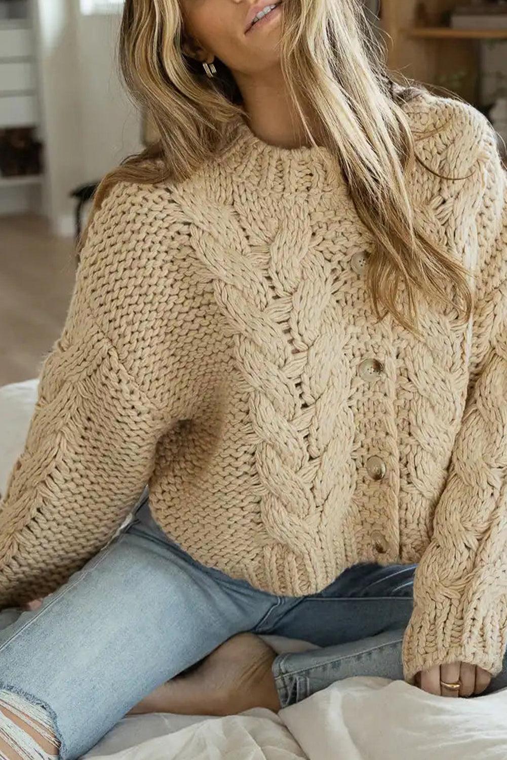 Apricot Cable Knit Buttoned Cardigan - L & M Kee, LLC