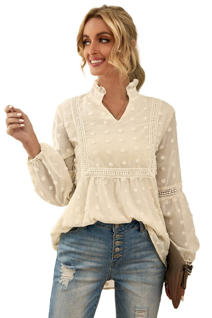 Blue Ruffled Split Neck Lace Hollow Out Puff Sleeve Polka Dot Blouse - L & M Kee, LLC