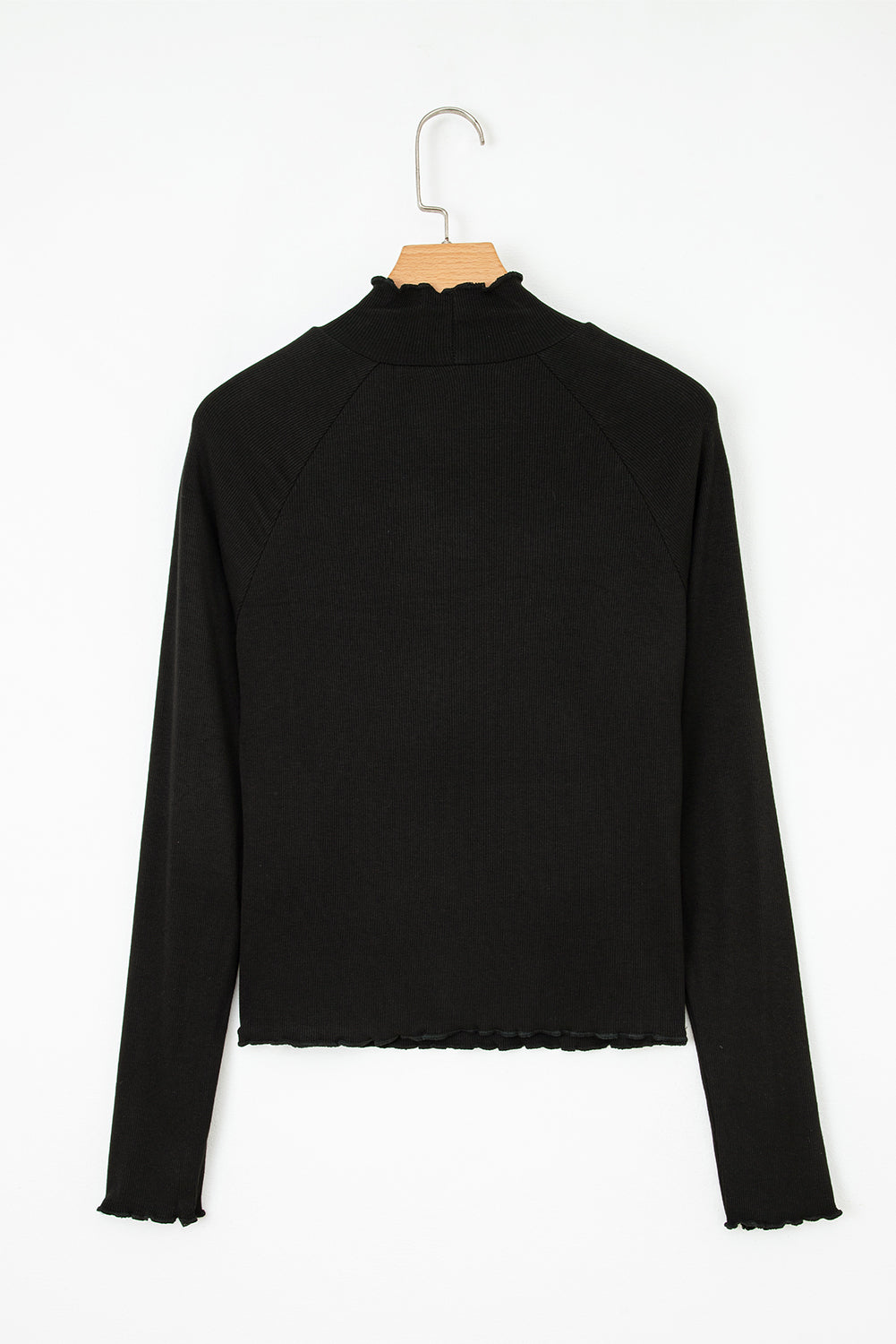 Black Ribbed Knit Lettuce Trim High Neck Long Sleeve Top