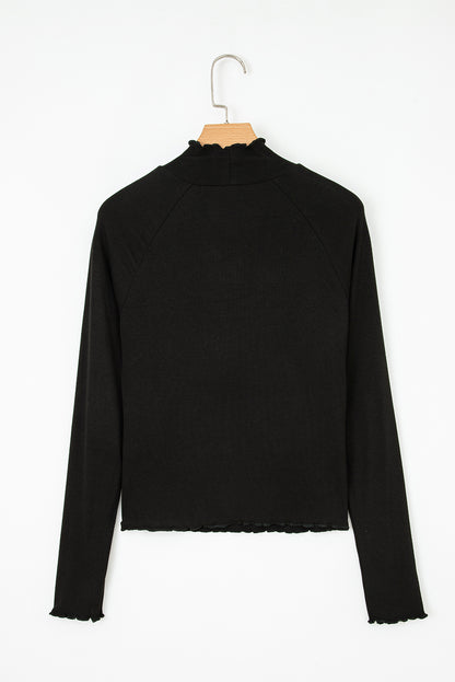 Black Ribbed Knit Lettuce Trim High Neck Long Sleeve Top