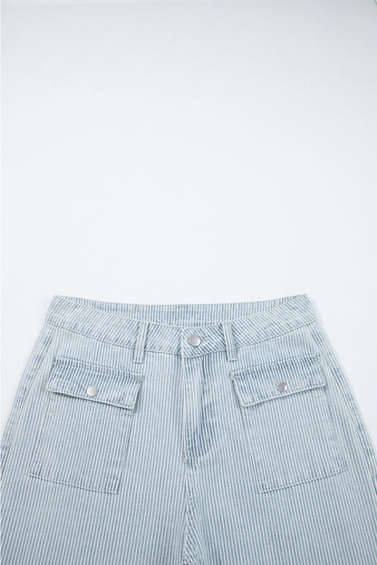 Sky Blue Stripe Button Flap Pocket Cuffed Hem Wide Leg Jeans