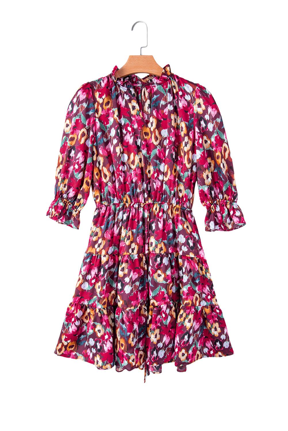 Rose Red Floral Print Tiered Ruffled Half Sleeve V Neck Dress - L & M Kee, LLC