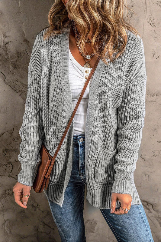 Gray Solid Color Textured Knit Pocket Open Front Cardigan - L & M Kee, LLC