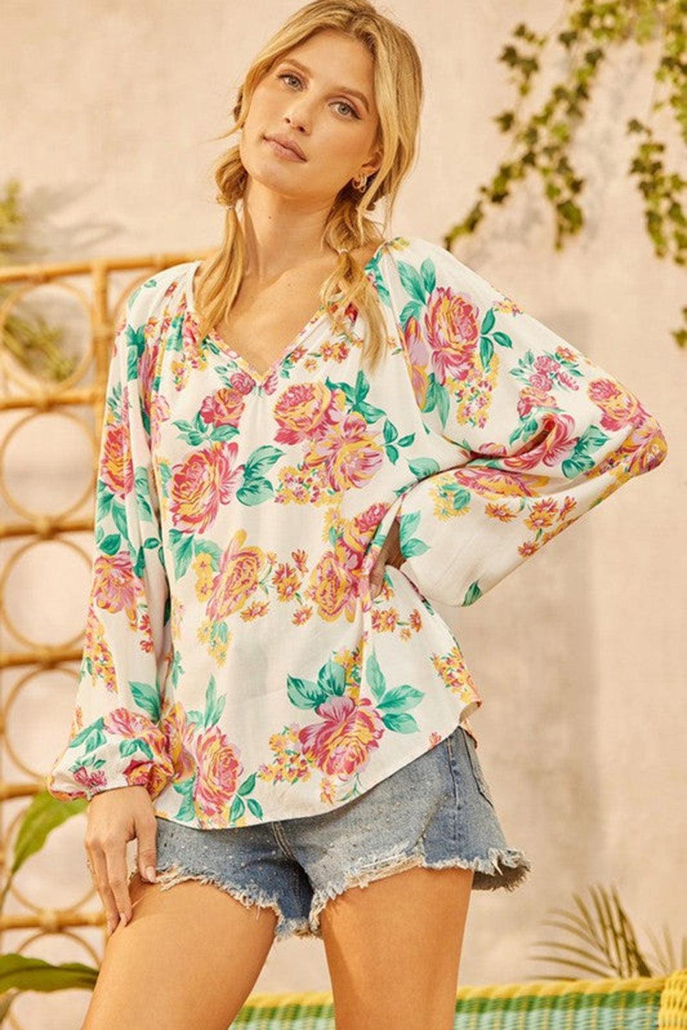 Notch V Neck Floral Pleated Puff Sleeve Blouse