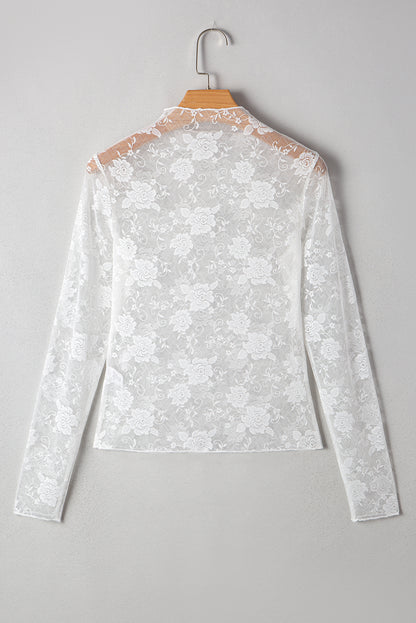 White Sheer Floral Lace Mesh Mock Neck Long Sleeve Top
