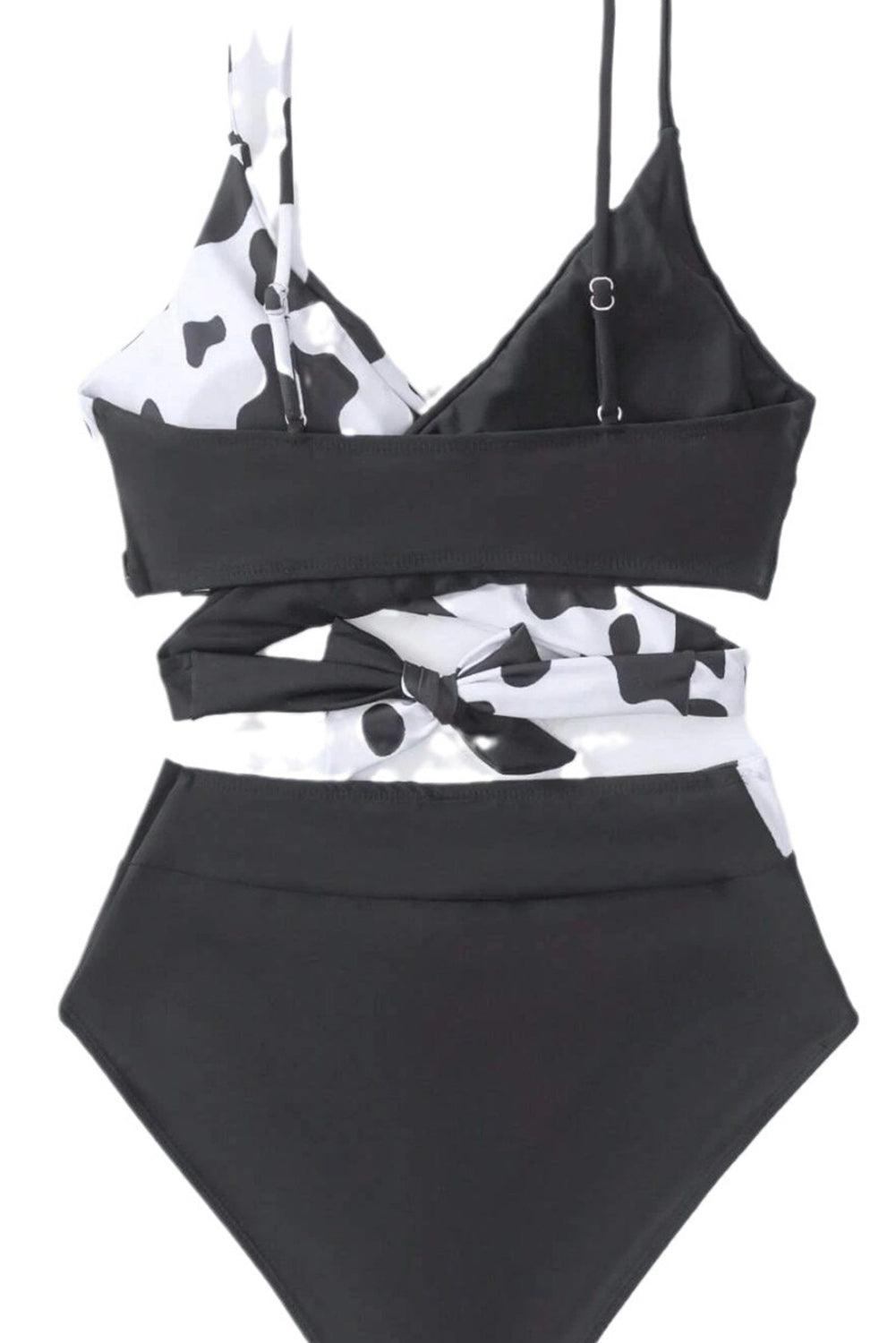 Black Contrast Cow Pattern Crossed Bikini - L & M Kee, LLC