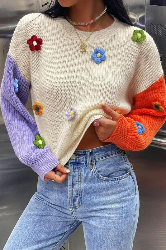 Multicolour Flower Applique Colorblock Drop Shoulder Sweater - L & M Kee, LLC