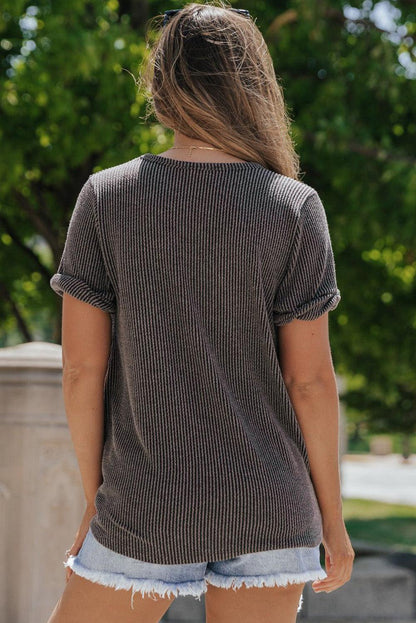 Carbon Grey Twist Short Sleeve Corded V Neck Top - L & M Kee, LLC