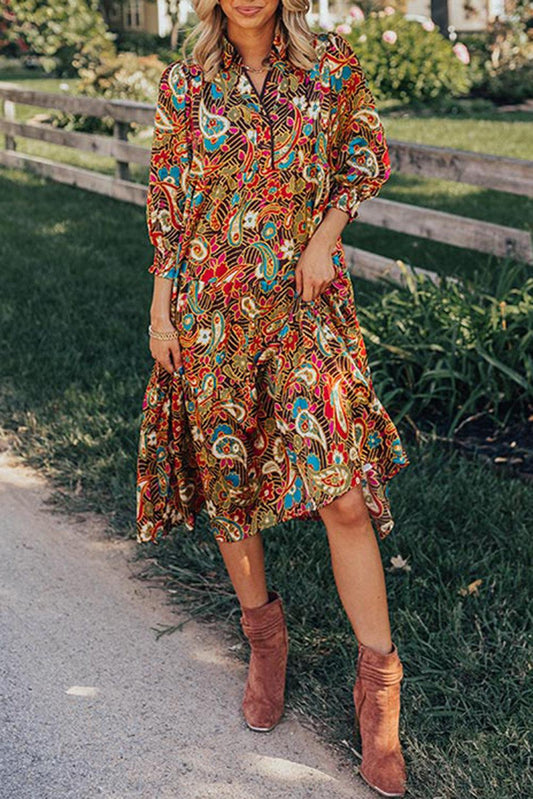 Yellow Paisley Mixed Print Collared 3/4 Sleeve Midi Dress - L & M Kee, LLC