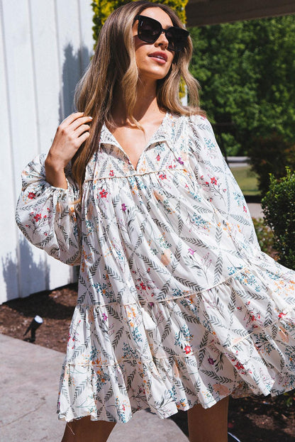 White Tassel Tie Split Neck Boho Floral Ruffle Dress - L & M Kee, LLC