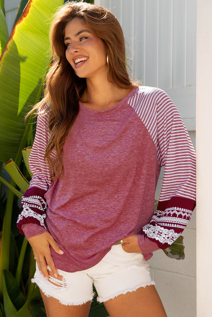 Mineral Red Contrast Print Striped Raglan Long Sleeve Loose Top