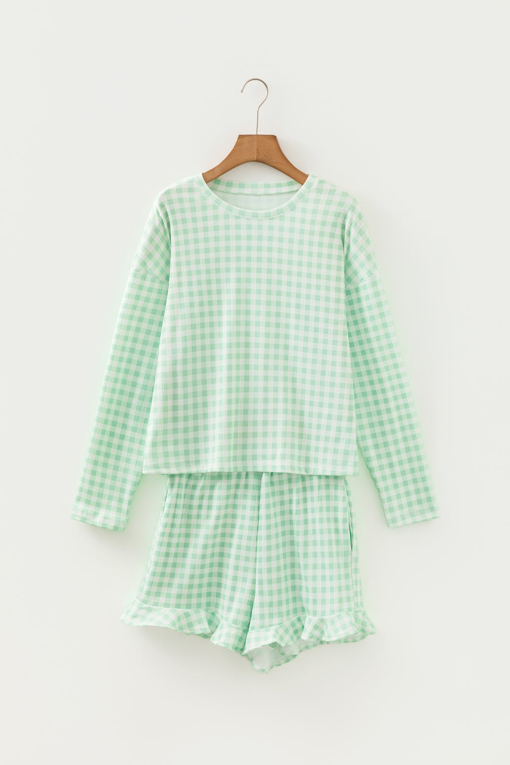 Green Gingham Long Sleeve Loose Top Drawstring Shorts 2pcs Lounge Set