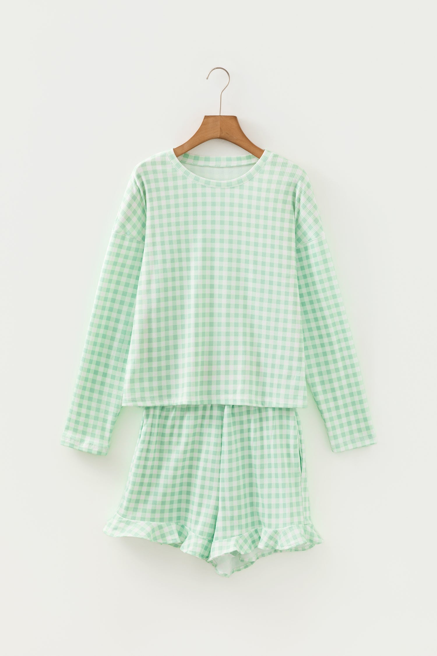 Green Gingham Long Sleeve Loose Top Drawstring Shorts 2pcs Lounge Set