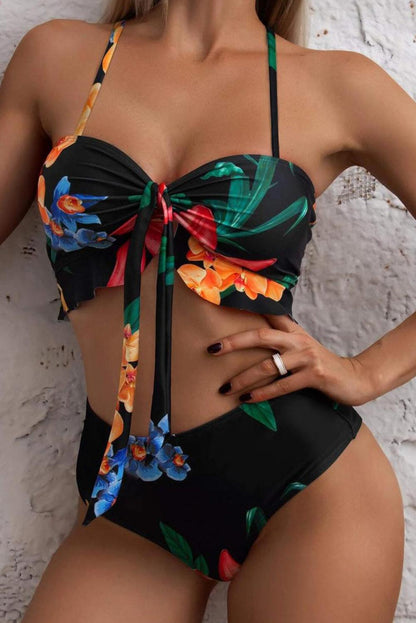 Black 3pcs Floral Twist Front Bikini with Cover-up Swimsuit - L & M Kee, LLC