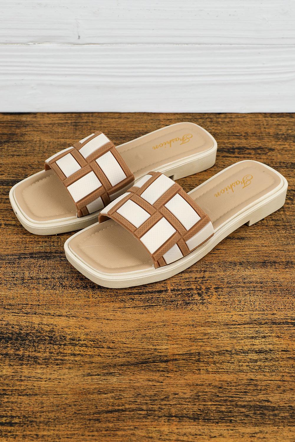 Beige Two Tone Contrast PU Leather Square Toe Slippers - L & M Kee, LLC