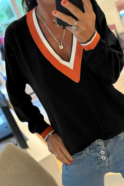 Dark Khaki Contrast Striped Trim V Neck Varsity Sweater