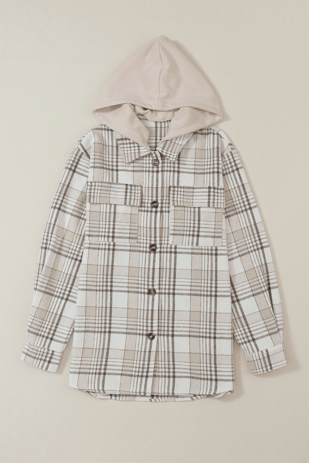 Khaki Plaid Removable Hood Buttoned Shacket - L & M Kee, LLC