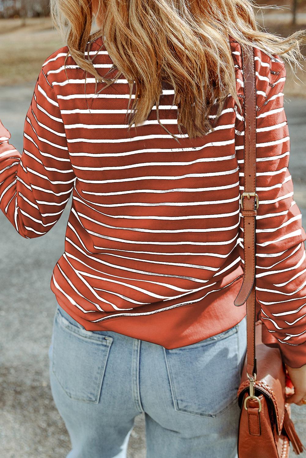 Striped Print Ribbed Trim Long Sleeve Top - L & M Kee, LLC