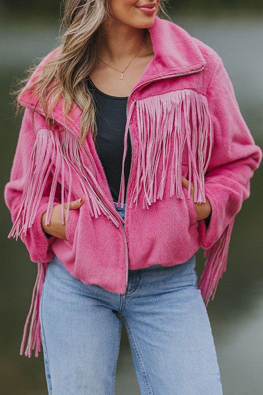 Pink Fringed Full Zipper Fleece Jacket - L & M Kee, LLC
