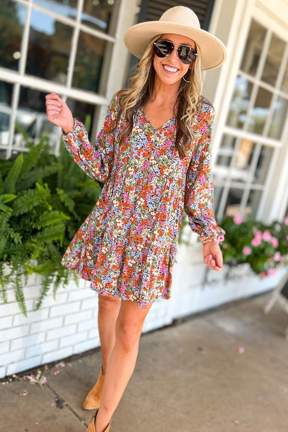 Multicolor Floral Neck Tie Long Sleeve Flared Dress - L & M Kee, LLC