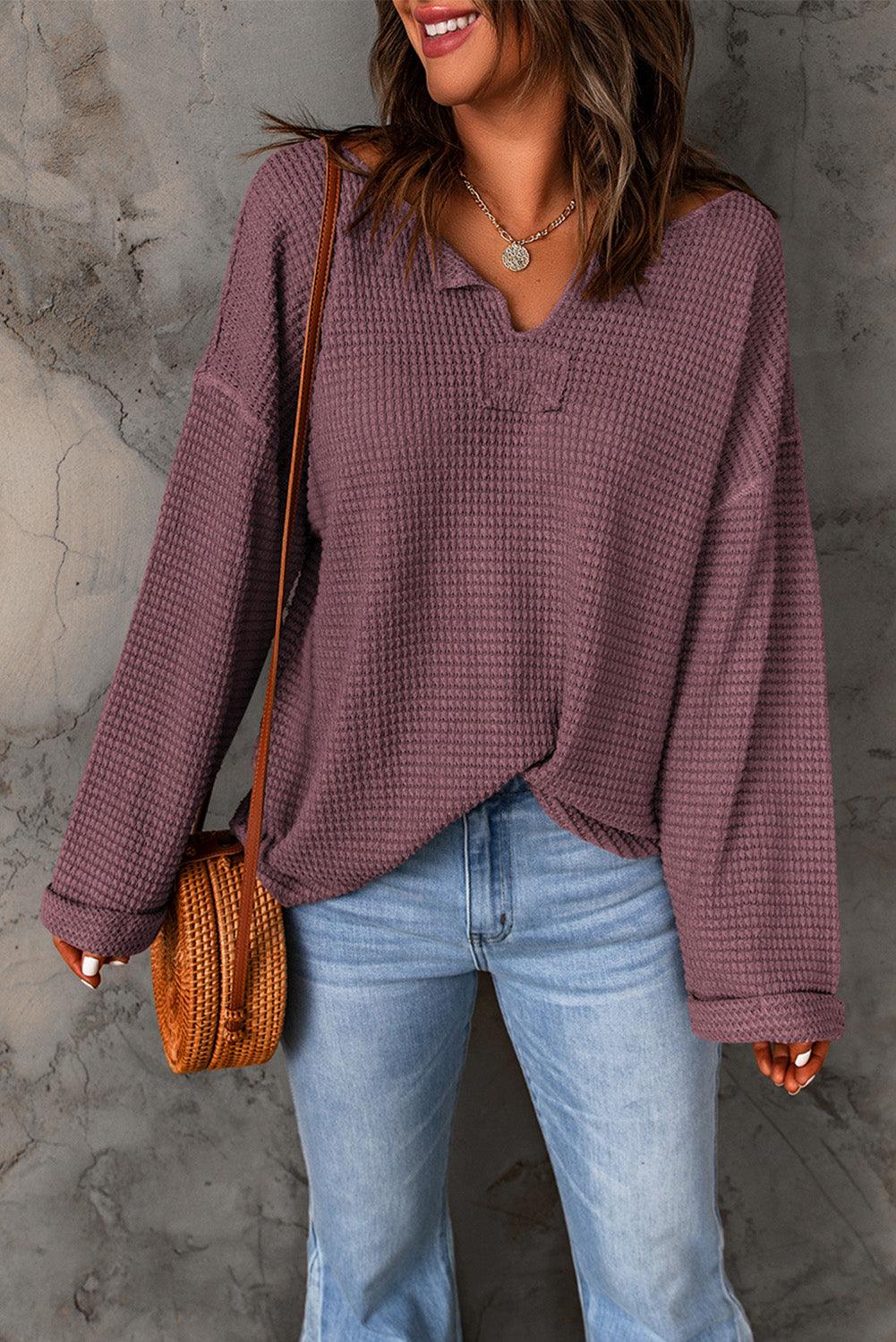 Dusk Blue Waffle Knit Loose Long Sleeve Top - L & M Kee, LLC