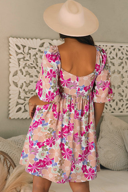 Pink Summer Floral Square Neck Puff Sleeve Babydoll Dress