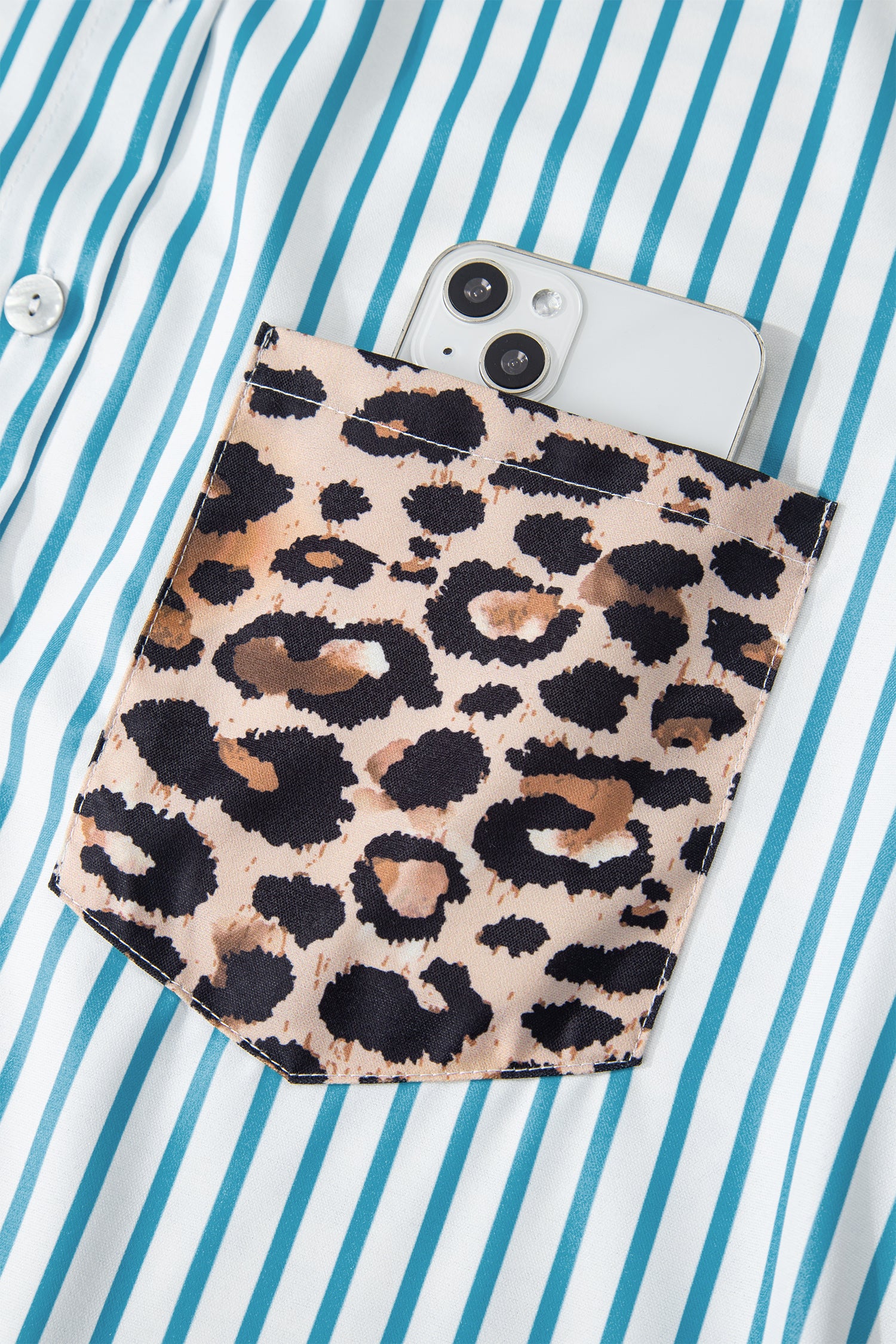 Sky Blue Stripe Contrast Leopard Patchwork Long Shirt Dress with Slits