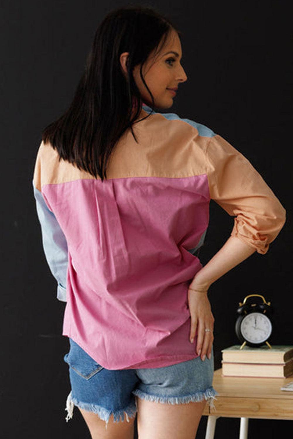 Pink Color Block Chest Pockets Plus Size Shirt - L & M Kee, LLC