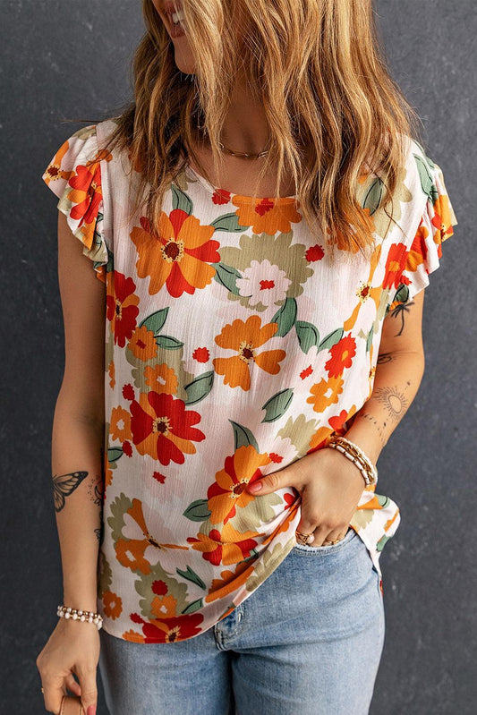 Floral Print Ruffled Flutter Sleeve Blouse - L & M Kee, LLC