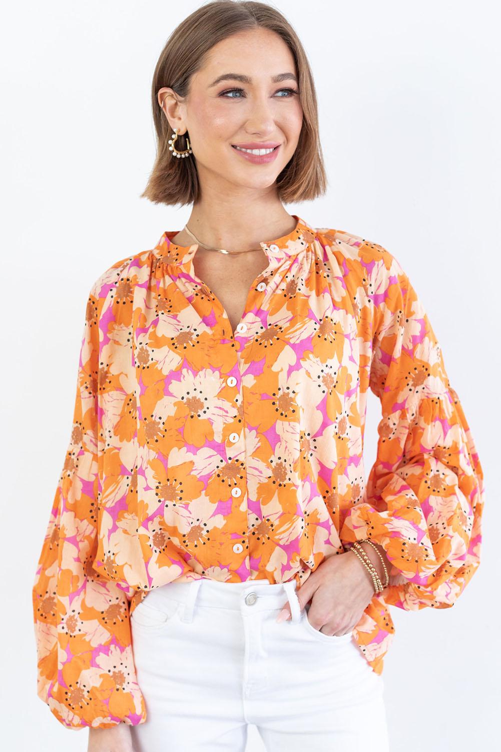 Orange Floral Print Loose Sleeve Shirt - L & M Kee, LLC