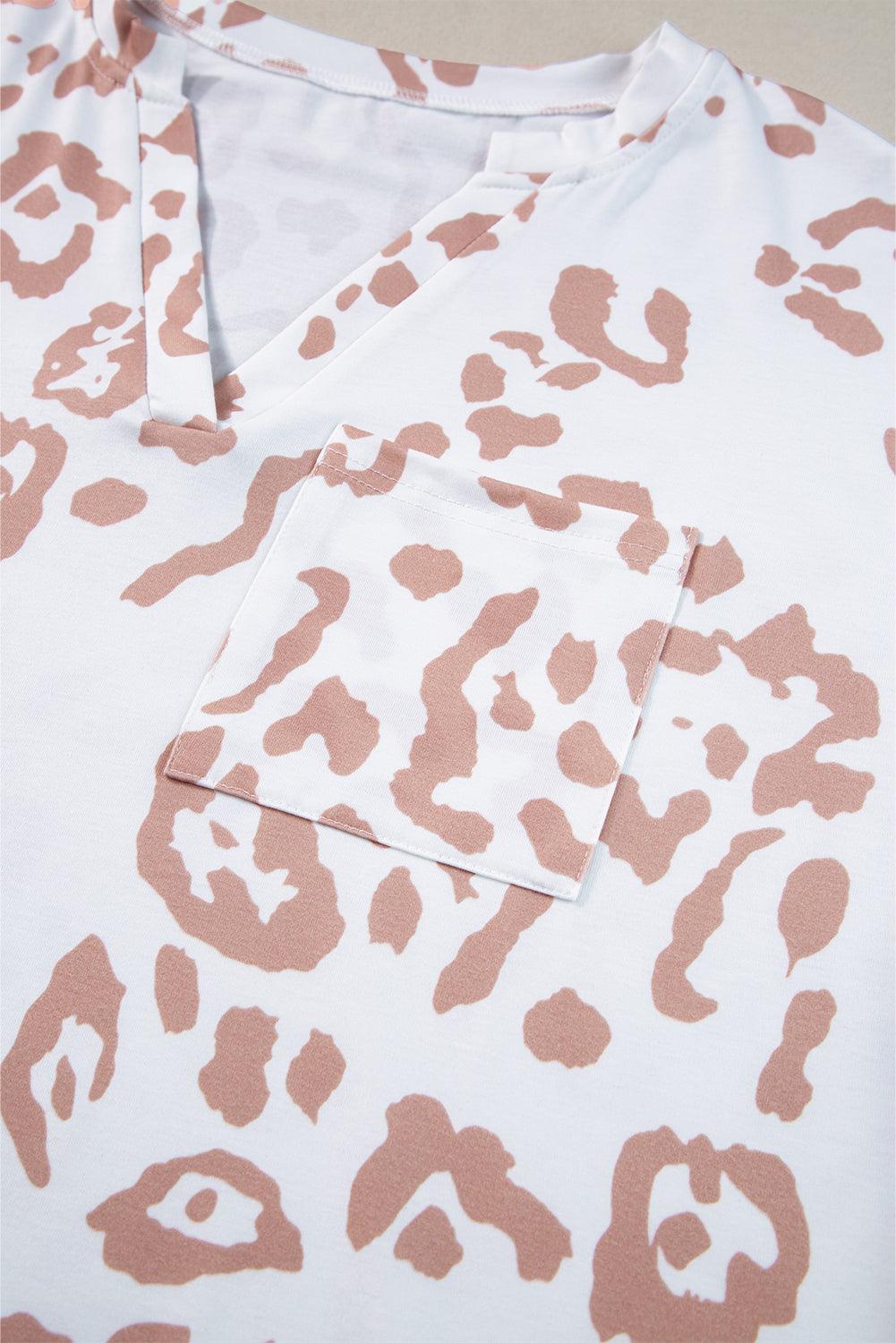 White Plus Size Leopard Print V Neck Short Sleeve Top - L & M Kee, LLC