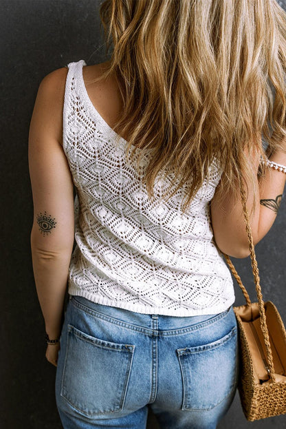 White Pointelle Crochet V Neck Knit Tank Top - L & M Kee, LLC