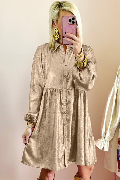 Apricot Metallic Sheen Puff Sleeve Button Up Mini Shirt Dress