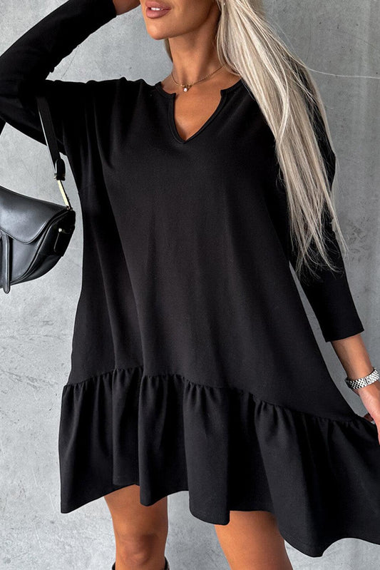 Black Split Neck Long Sleeve Ruffled Loose Dress - L & M Kee, LLC