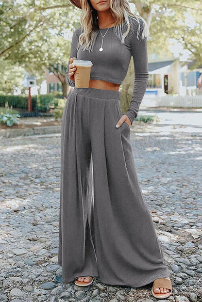 Gray Solid Color Ribbed Crop Top Long Pants Set - L & M Kee, LLC