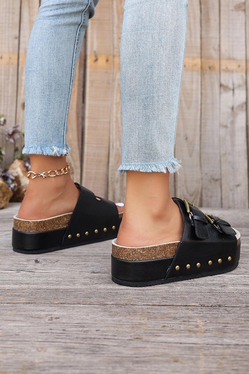 Black Dual Buckle Studded Platform Sandal Slippers - L & M Kee, LLC