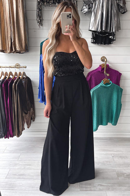 Black Sequin Tube Top Wide Leg Jumpsuit - L & M Kee, LLC