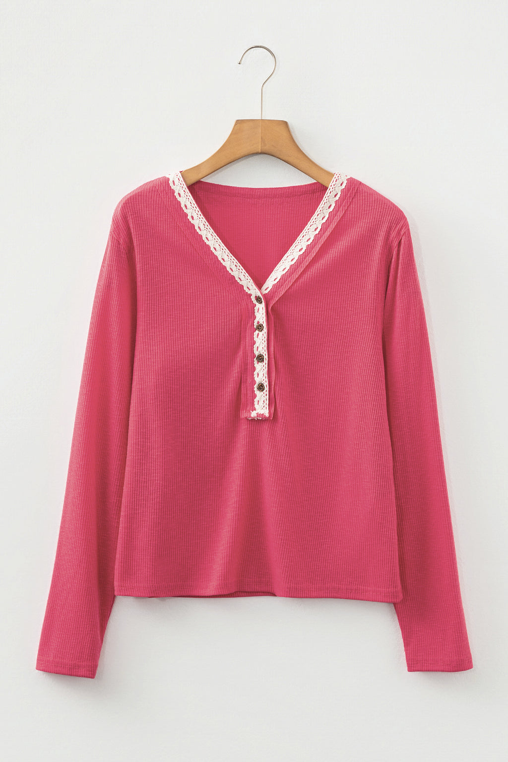 Racing Red Ribbed Texture Contrasted Lace Trim Button V Neck Long Sleeve Top