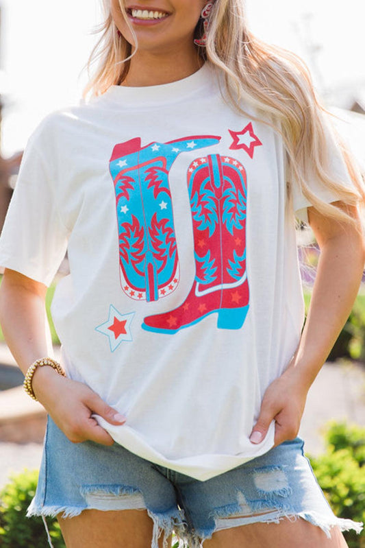 White Cowboy Boots Western Graphic Casual T Shirt - L & M Kee, LLC